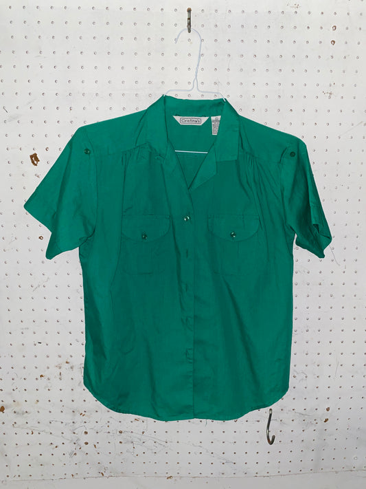 Pleated Green Short Sleeve Button Up