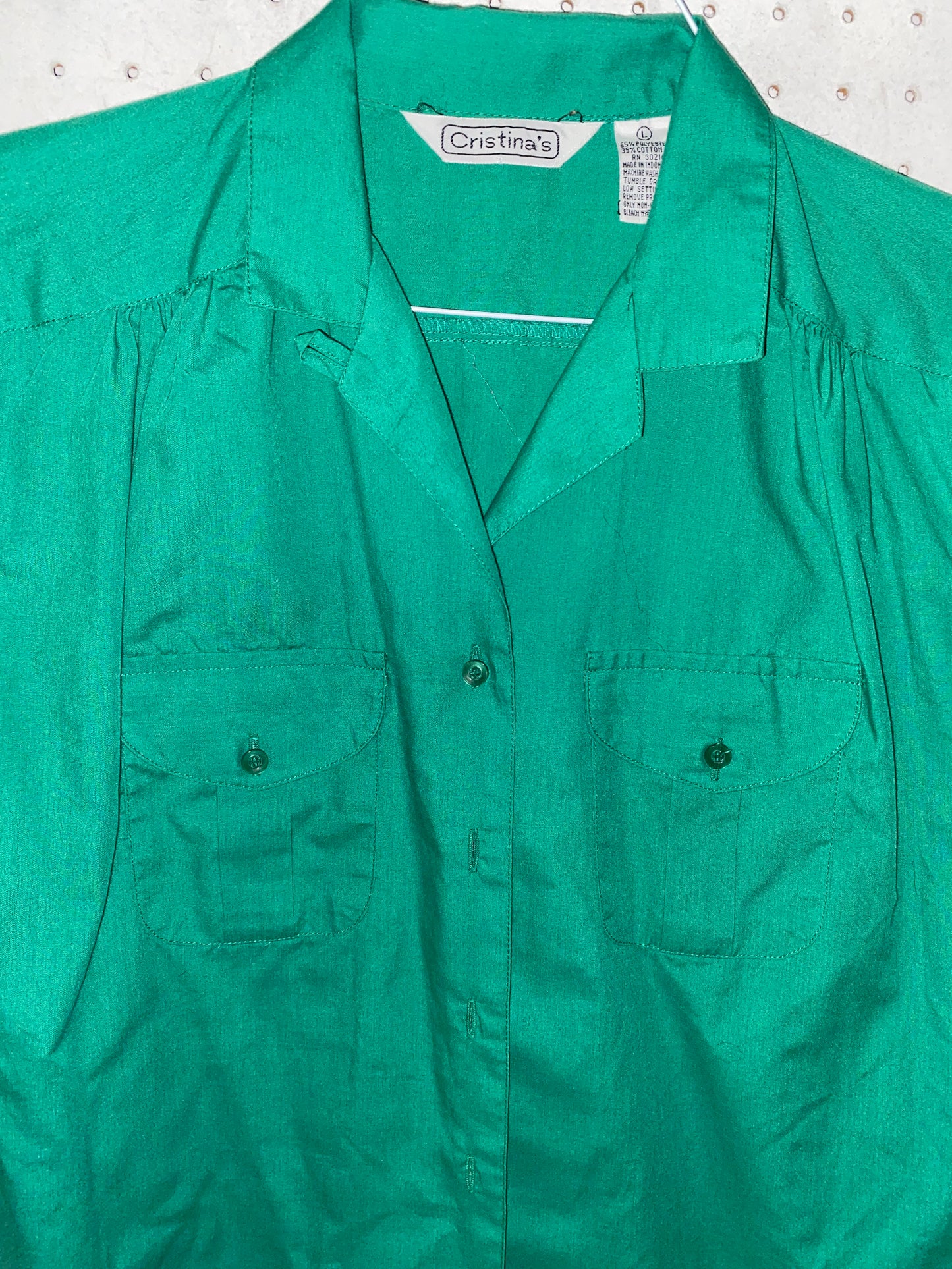 Pleated Green Short Sleeve Button Up